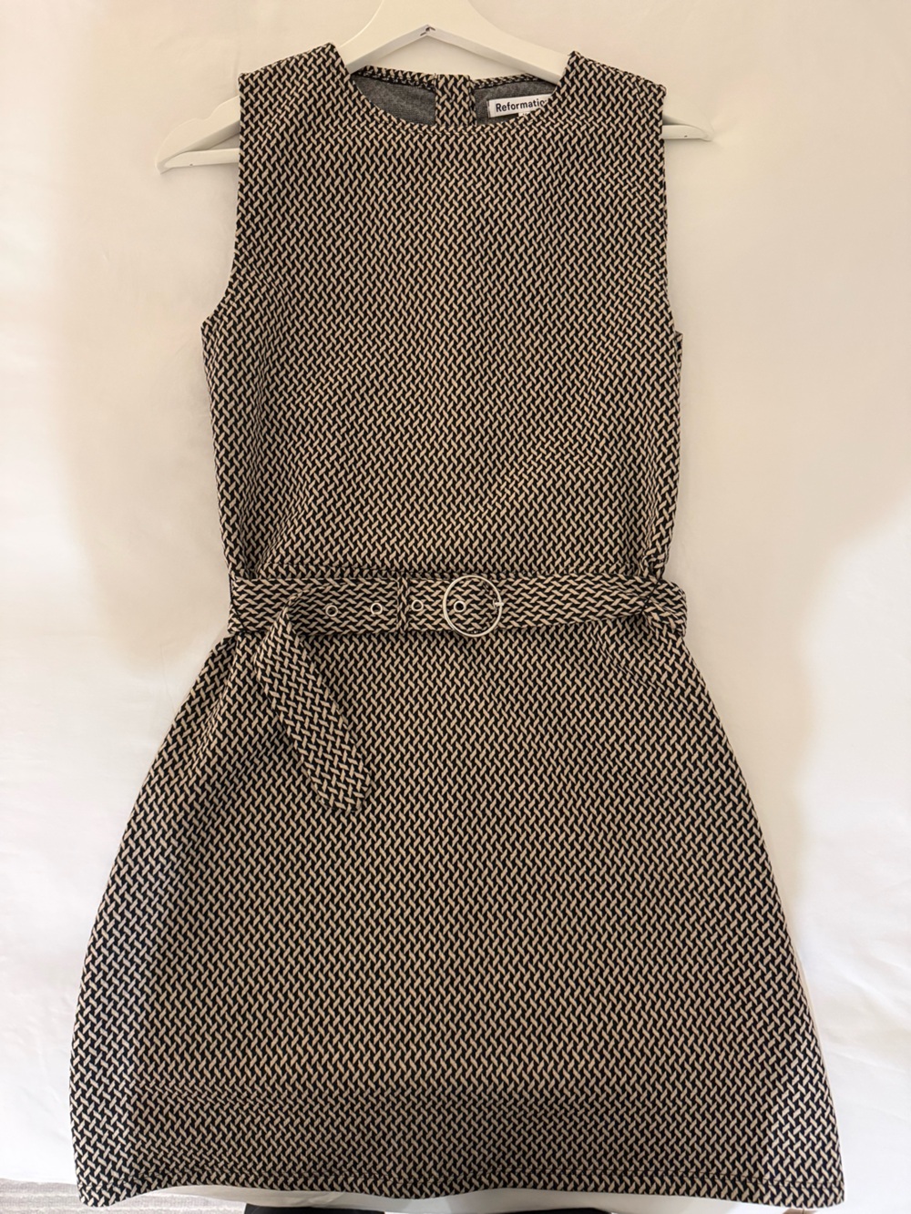 Reformation Black and Cream Woven Belted Dress